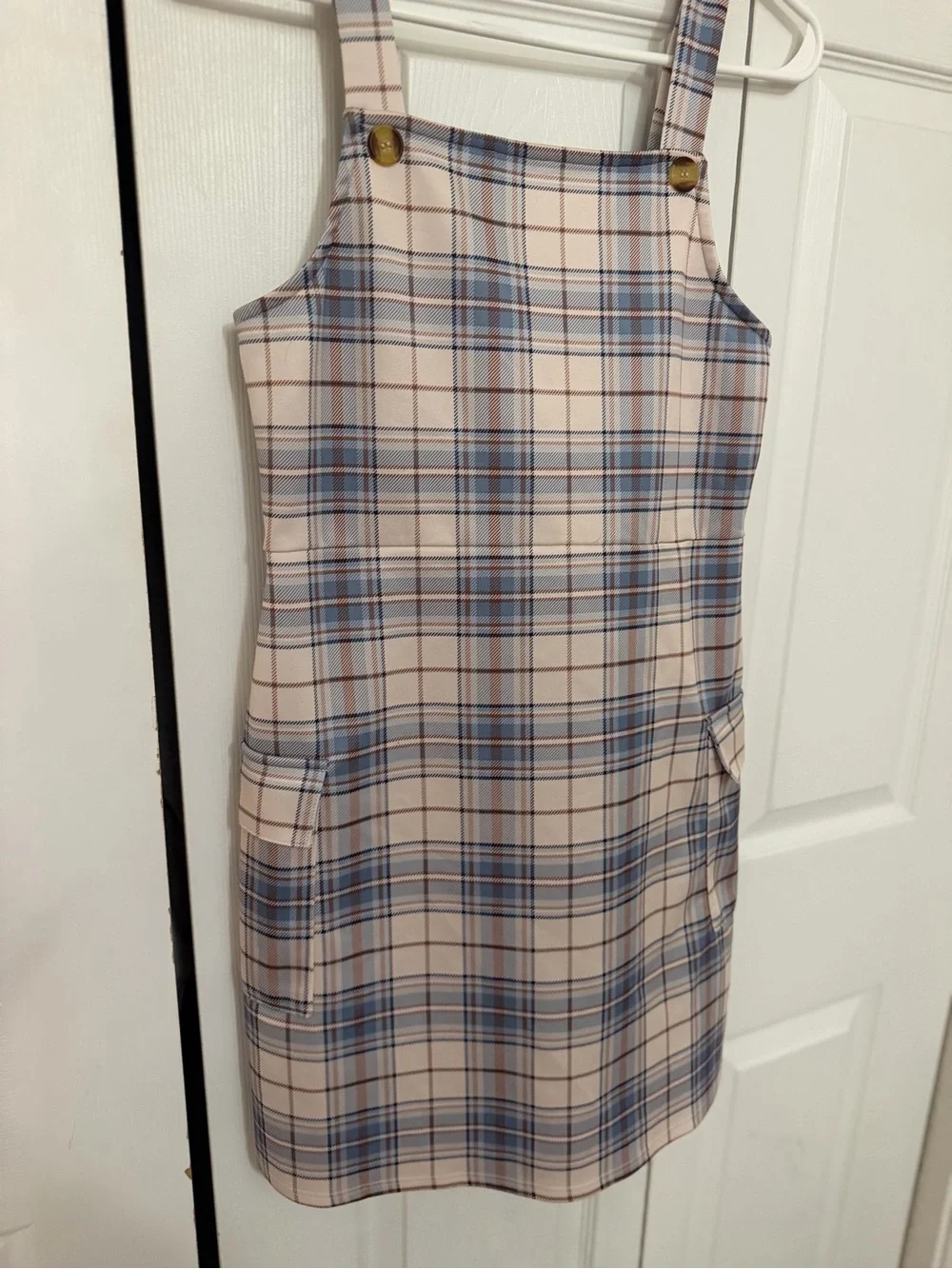 Beauties by Amy Byer Beige and Blue Plaid Pinafore Mini Dress